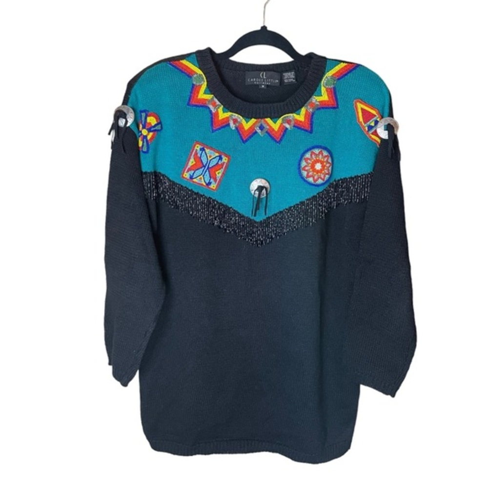 Vintage Carole Little Navajo Southwestern Long Sleeve Beaded Sweater Size Medium